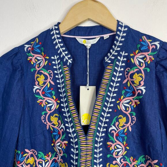 Boden Dakota Blue Linen Embroidered Long Sleeve Dress Artsy Boho Womens 4P 4 New - Picture 4 of 17